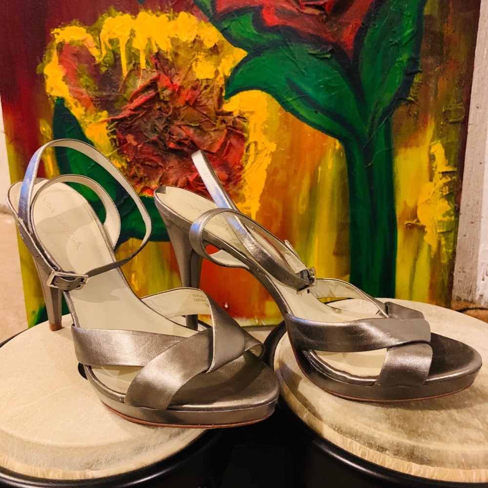Beautiful Pewter ankle strap heels